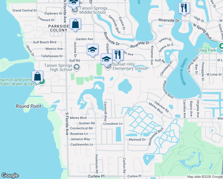 map of restaurants, bars, coffee shops, grocery stores, and more near 509 Village Drive in Tarpon Springs