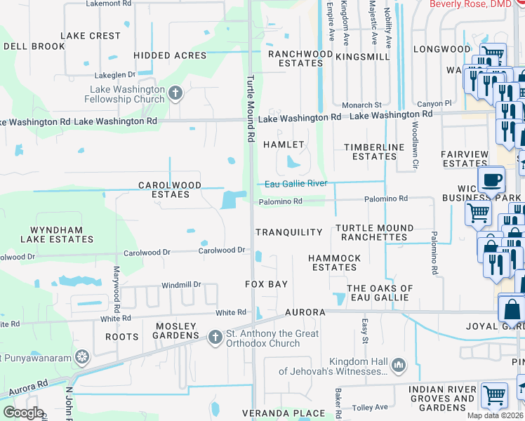 map of restaurants, bars, coffee shops, grocery stores, and more near 3803 Palomino Road in Melbourne