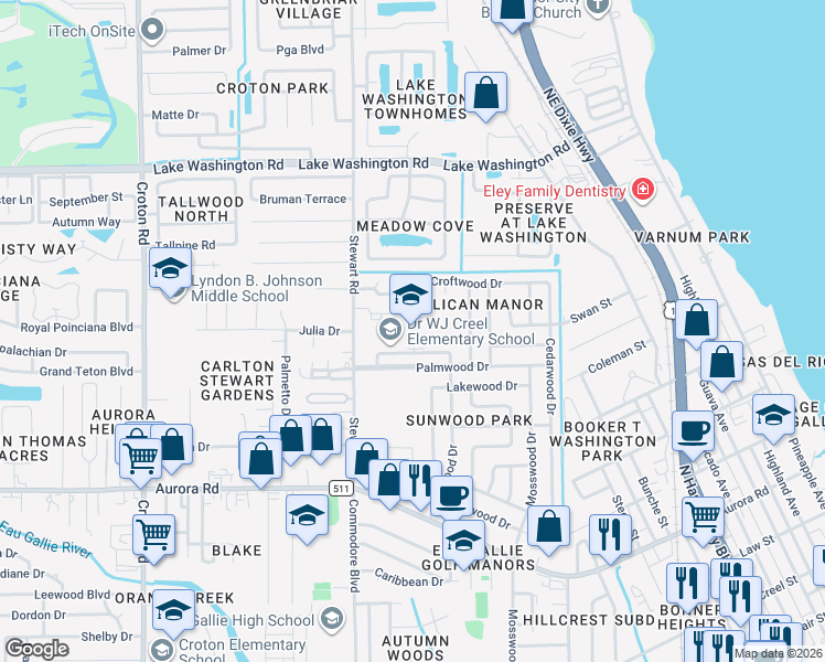 map of restaurants, bars, coffee shops, grocery stores, and more near 2000 Glenwood Drive in Melbourne