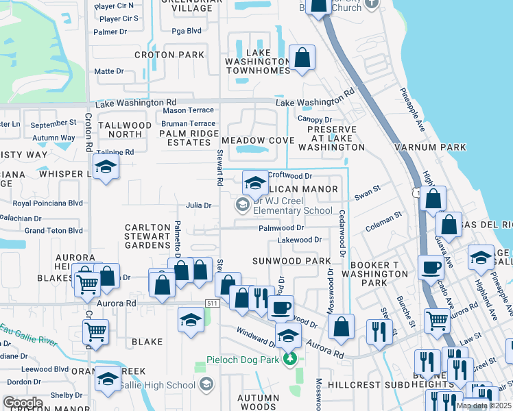 map of restaurants, bars, coffee shops, grocery stores, and more near 2000 Glenwood Drive in Melbourne