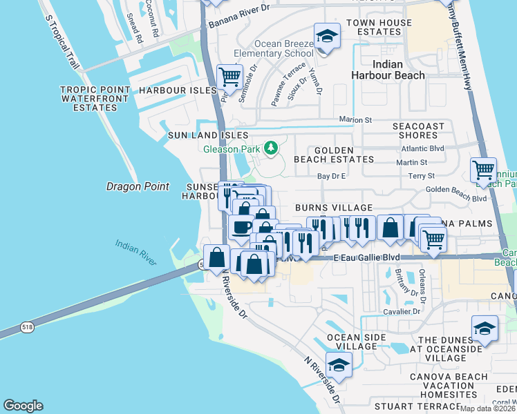 map of restaurants, bars, coffee shops, grocery stores, and more near 406 Parkside Place in Satellite Beach