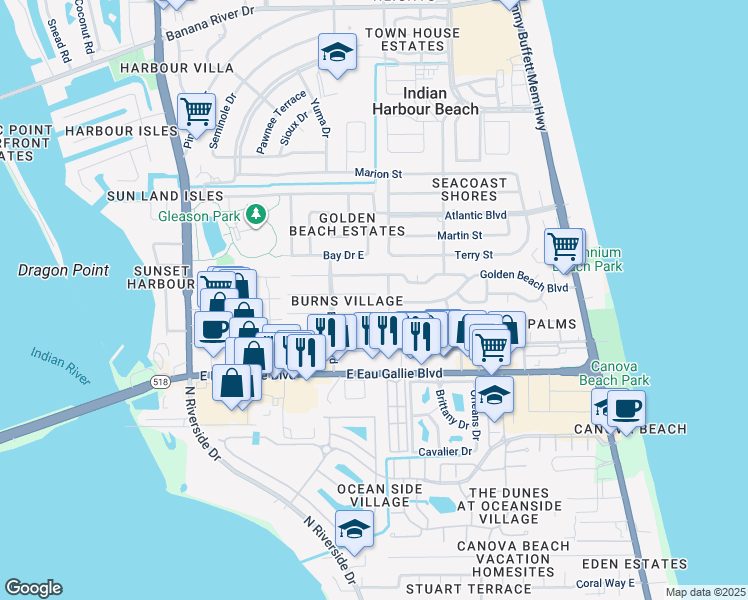 map of restaurants, bars, coffee shops, grocery stores, and more near 1003 Ashley Avenue in Satellite Beach