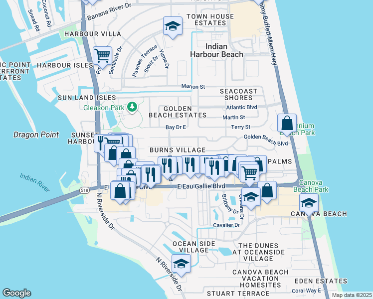 map of restaurants, bars, coffee shops, grocery stores, and more near 1003 Ashley Avenue in Satellite Beach
