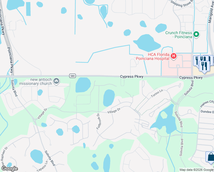 map of restaurants, bars, coffee shops, grocery stores, and more near 2466-2486 Cypress Parkway in Kissimmee