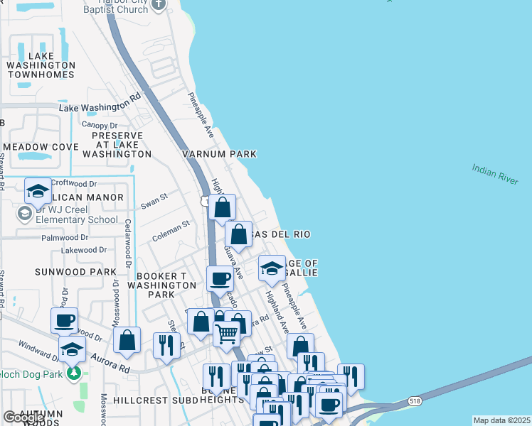 map of restaurants, bars, coffee shops, grocery stores, and more near 2095 Pineapple Avenue in Melbourne