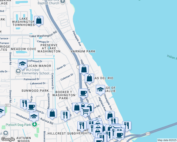map of restaurants, bars, coffee shops, grocery stores, and more near 2126 Pineapple Avenue in Melbourne