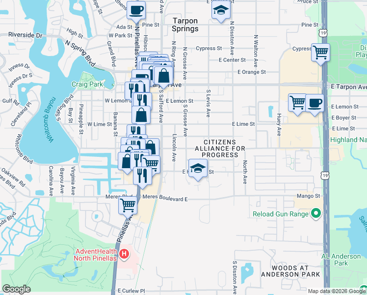map of restaurants, bars, coffee shops, grocery stores, and more near 413 East Martin Luther King Junior Drive in Tarpon Springs