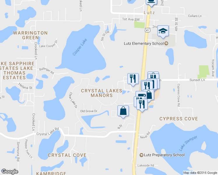 map of restaurants, bars, coffee shops, grocery stores, and more near 18308 Pleasant Ridge Place in Lutz