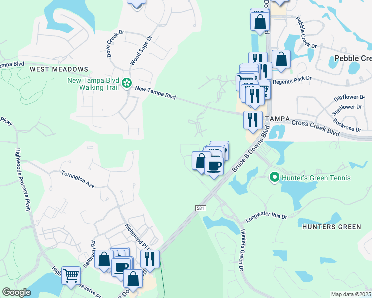 map of restaurants, bars, coffee shops, grocery stores, and more near 8500 Hunters Village Road in Tampa