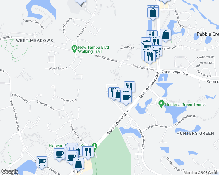 map of restaurants, bars, coffee shops, grocery stores, and more near 8500 Hunters Village Road in Tampa