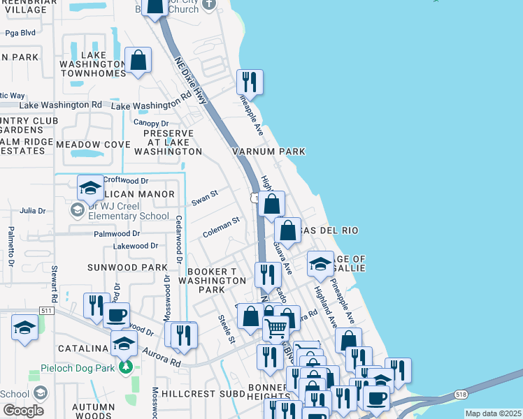 map of restaurants, bars, coffee shops, grocery stores, and more near 2091 North Harbor City Boulevard in Melbourne