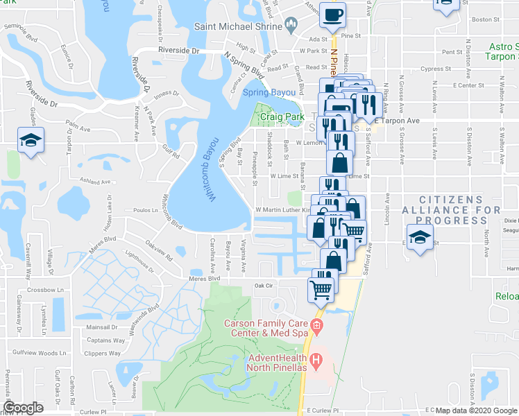 map of restaurants, bars, coffee shops, grocery stores, and more near 498 Kiwi Street in Tarpon Springs