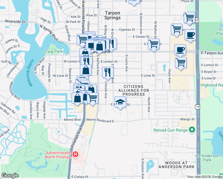map of restaurants, bars, coffee shops, grocery stores, and more near 413 East Martin Luther King Junior Drive in Tarpon Springs