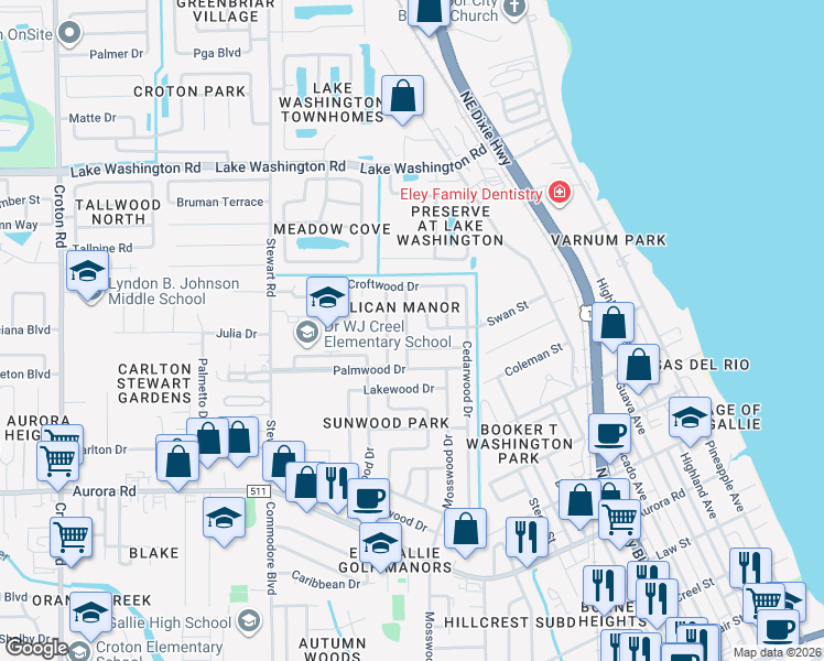 map of restaurants, bars, coffee shops, grocery stores, and more near 2111 Sandalwood Drive in Melbourne
