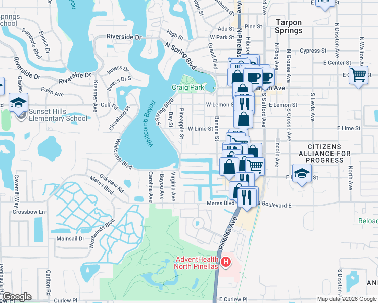 map of restaurants, bars, coffee shops, grocery stores, and more near 499 Kiwi Street in Tarpon Springs