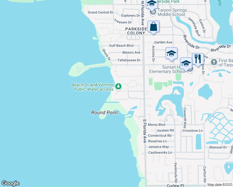 map of restaurants, bars, coffee shops, grocery stores, and more near 262 Beach Drive in Tarpon Springs