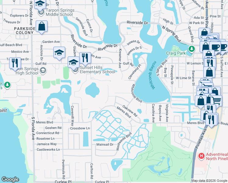 map of restaurants, bars, coffee shops, grocery stores, and more near 610 Poulos Ln in Tarpon Springs