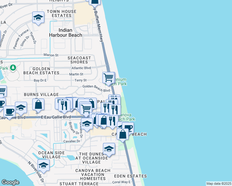 map of restaurants, bars, coffee shops, grocery stores, and more near 2225 Jimmy Buffett Memorial Highway in Satellite Beach