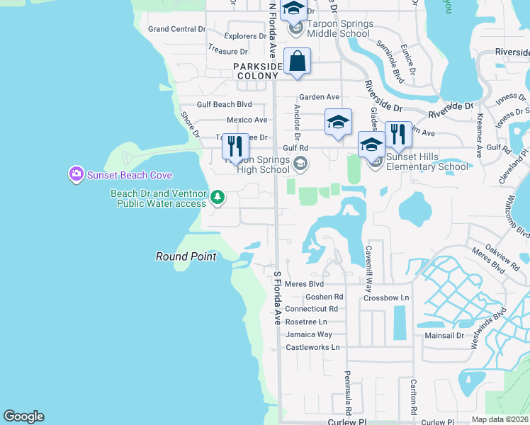 map of restaurants, bars, coffee shops, grocery stores, and more near 1391 Ventnor Avenue in Tarpon Springs
