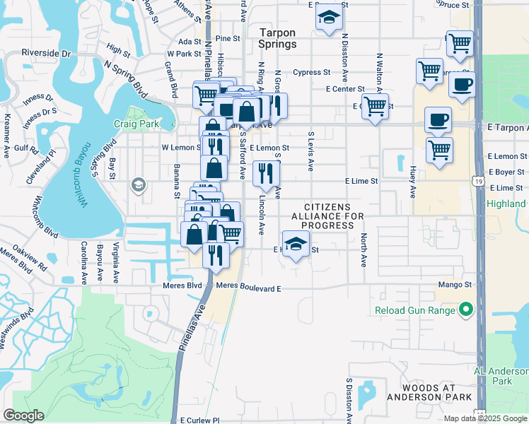 map of restaurants, bars, coffee shops, grocery stores, and more near 301 East Martin Luther King Junior Drive in Tarpon Springs