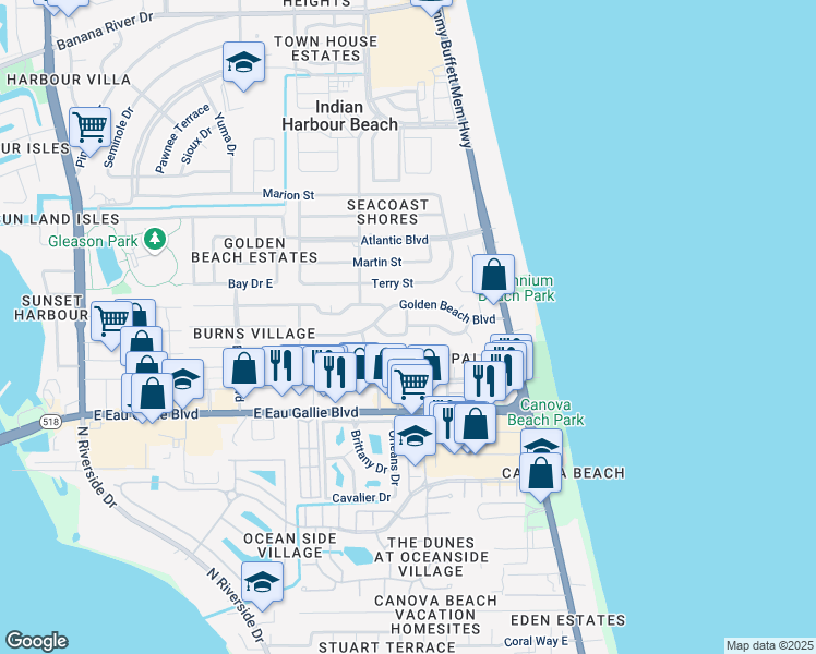 map of restaurants, bars, coffee shops, grocery stores, and more near 934 Bluewater Drive in Satellite Beach
