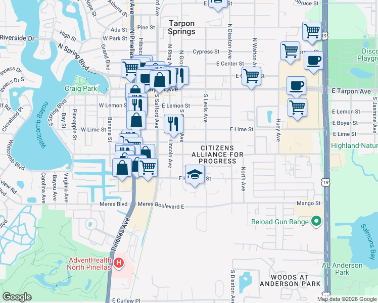 map of restaurants, bars, coffee shops, grocery stores, and more near 413 East Martin Luther King Junior Drive in Tarpon Springs