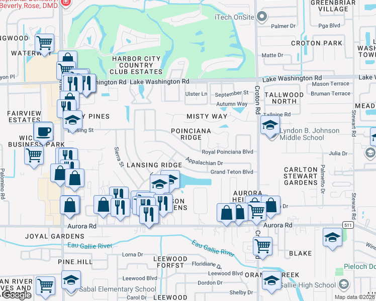 map of restaurants, bars, coffee shops, grocery stores, and more near 2279 Royal Poinciana Boulevard in Melbourne