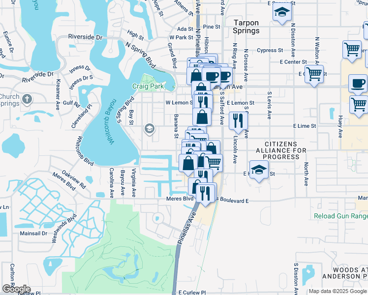map of restaurants, bars, coffee shops, grocery stores, and more near 38 West Martin Luther King Junior Drive in Tarpon Springs