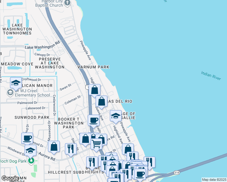 map of restaurants, bars, coffee shops, grocery stores, and more near 2095 Pineapple Avenue in Melbourne