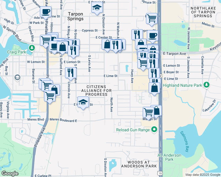 map of restaurants, bars, coffee shops, grocery stores, and more near 611 East Martin Luther King Junior Drive in Tarpon Springs