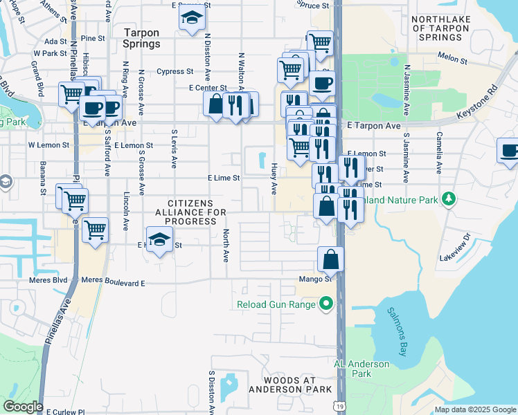 map of restaurants, bars, coffee shops, grocery stores, and more near in Tarpon Springs