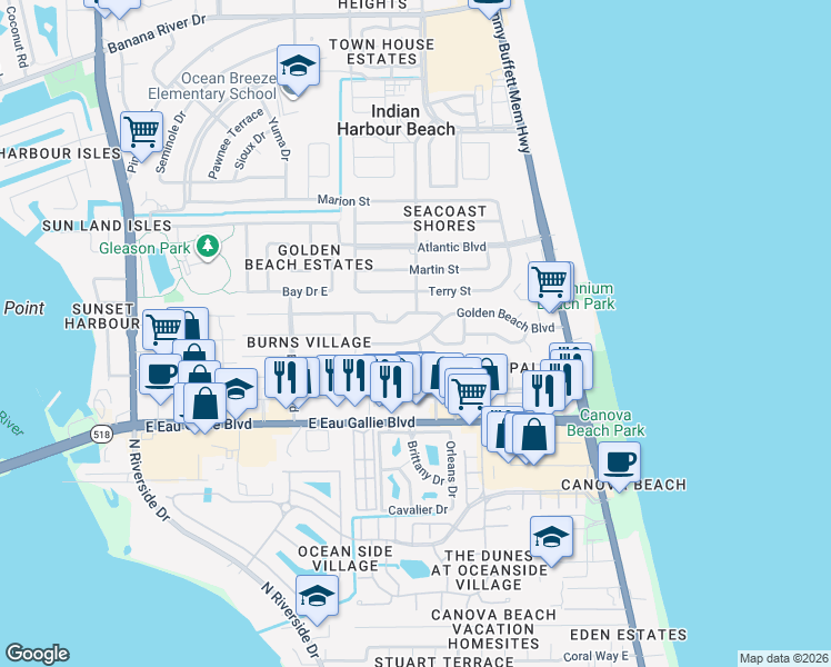map of restaurants, bars, coffee shops, grocery stores, and more near 950 Golden Beach Boulevard in Satellite Beach