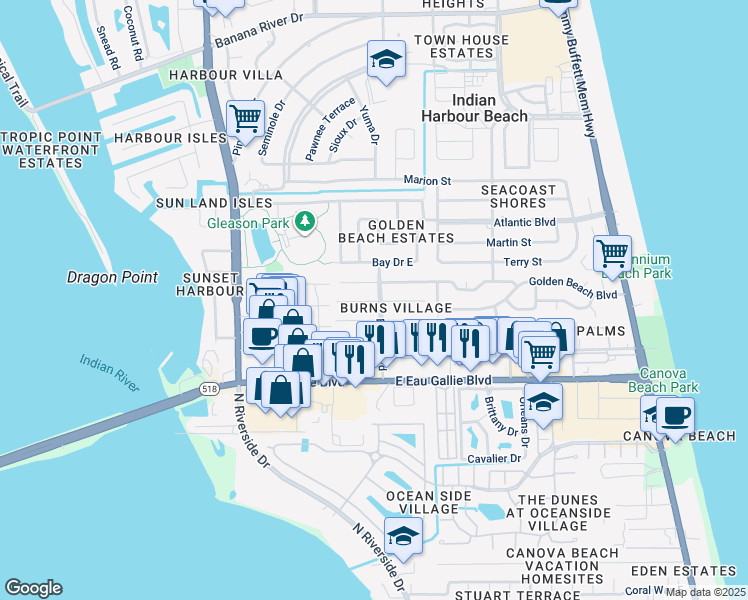 map of restaurants, bars, coffee shops, grocery stores, and more near 1102 Ashley Avenue in Satellite Beach