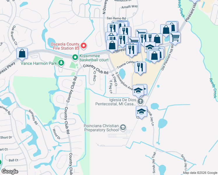 map of restaurants, bars, coffee shops, grocery stores, and more near 822 East Flag Lane in Kissimmee