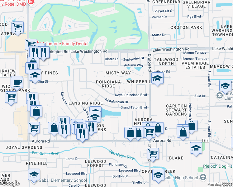 map of restaurants, bars, coffee shops, grocery stores, and more near 2099 Santa Lucia Circle in Melbourne