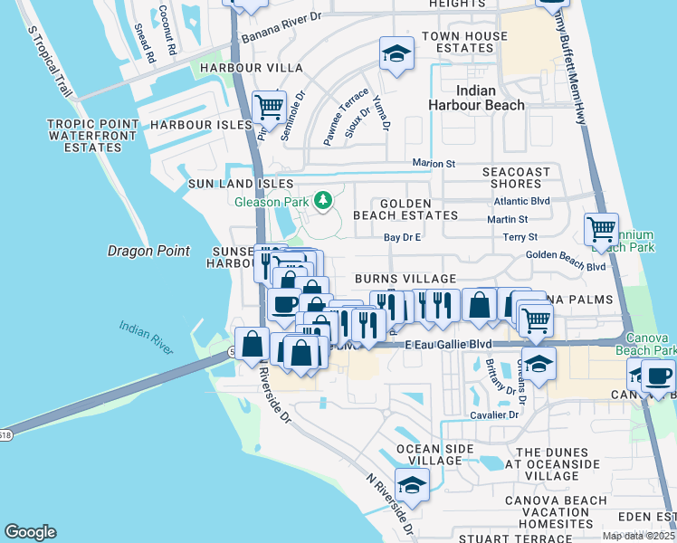map of restaurants, bars, coffee shops, grocery stores, and more near 1402 Parkside Place in Satellite Beach