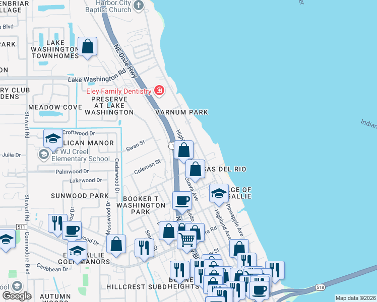 map of restaurants, bars, coffee shops, grocery stores, and more near 2126 Pineapple Avenue in Melbourne