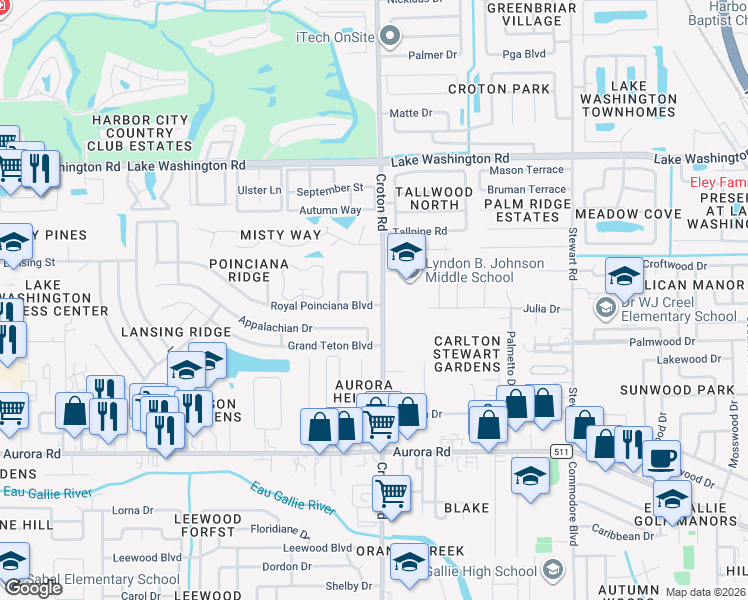 map of restaurants, bars, coffee shops, grocery stores, and more near 2101 Myla Lane in Melbourne