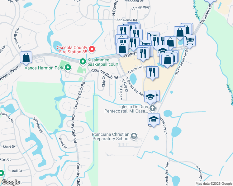map of restaurants, bars, coffee shops, grocery stores, and more near 822 East Flag Lane in Kissimmee