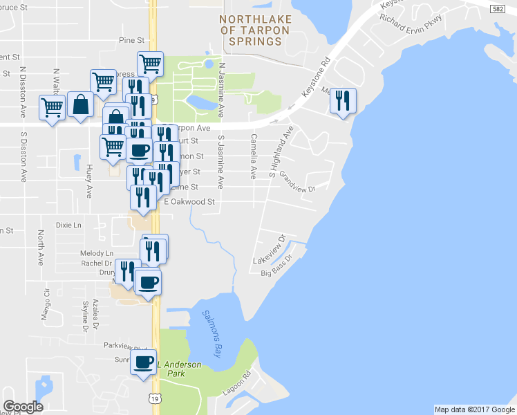 map of restaurants, bars, coffee shops, grocery stores, and more near 1304 East Oakwood Street in Tarpon Springs