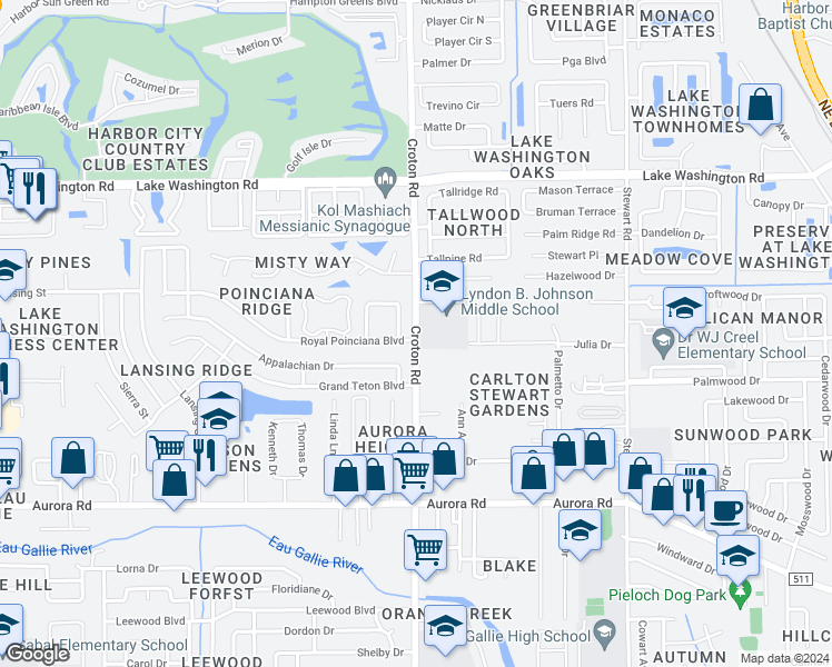 map of restaurants, bars, coffee shops, grocery stores, and more near 2062 Croton Road in Melbourne