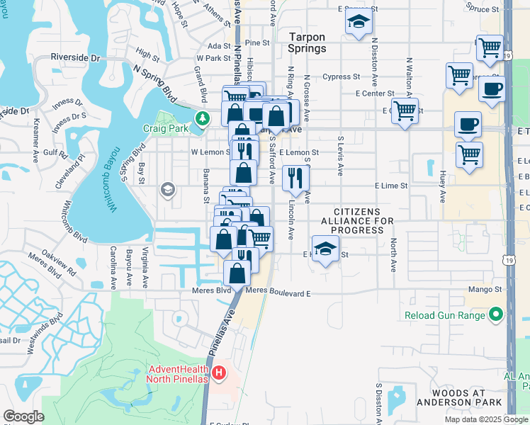 map of restaurants, bars, coffee shops, grocery stores, and more near 107 East Martin Luther King Junior Drive in Tarpon Springs