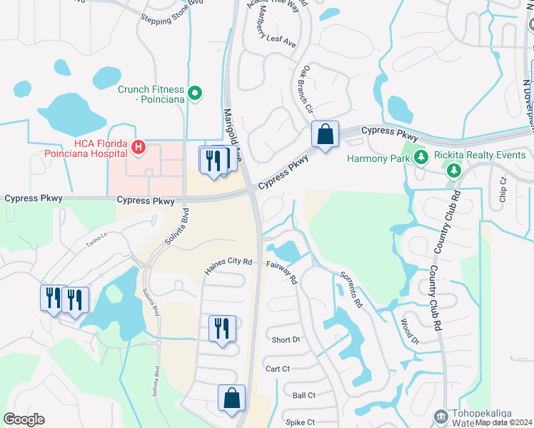 map of restaurants, bars, coffee shops, grocery stores, and more near 502 Prestwick Place in Kissimmee