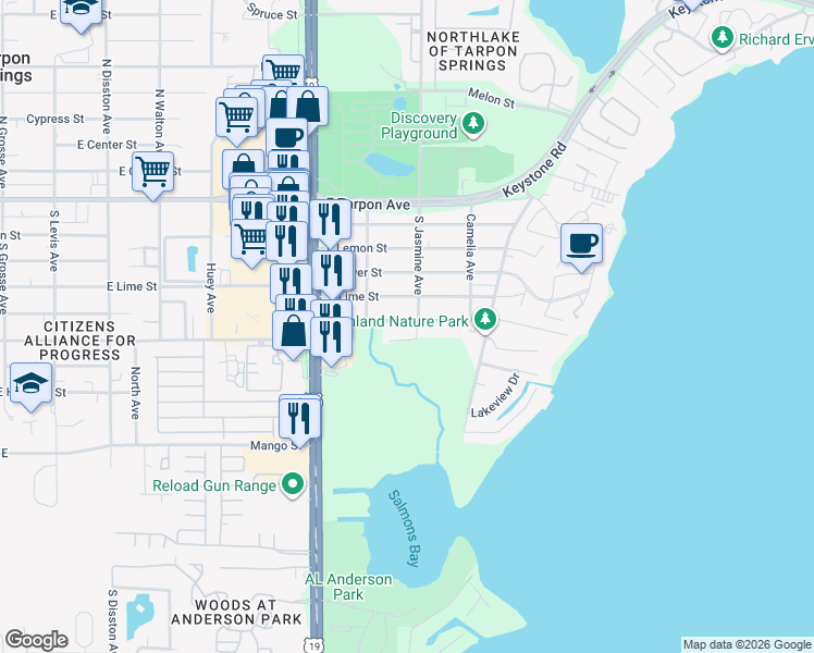 map of restaurants, bars, coffee shops, grocery stores, and more near 1122 East Oakwood Street in Tarpon Springs
