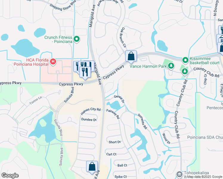 map of restaurants, bars, coffee shops, grocery stores, and more near 427 Prestwick Place in Kissimmee