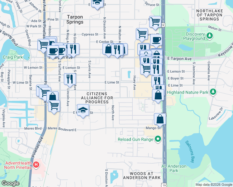 map of restaurants, bars, coffee shops, grocery stores, and more near 500 South Walton Avenue in Tarpon Springs