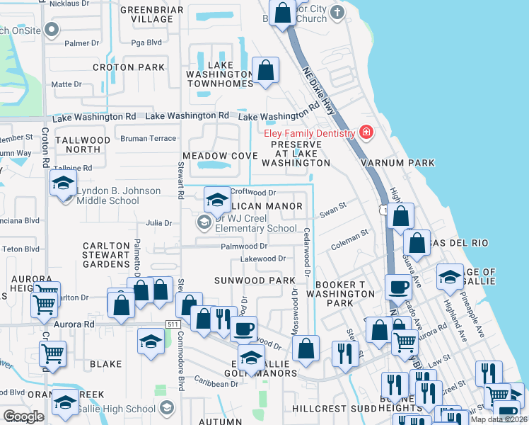 map of restaurants, bars, coffee shops, grocery stores, and more near 2111 Sandalwood Drive in Melbourne