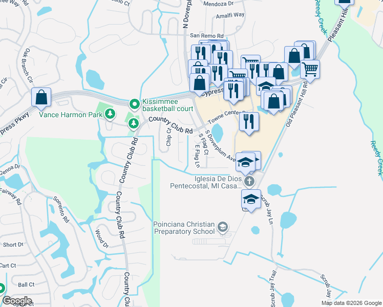 map of restaurants, bars, coffee shops, grocery stores, and more near 822 East Flag Lane in Kissimmee