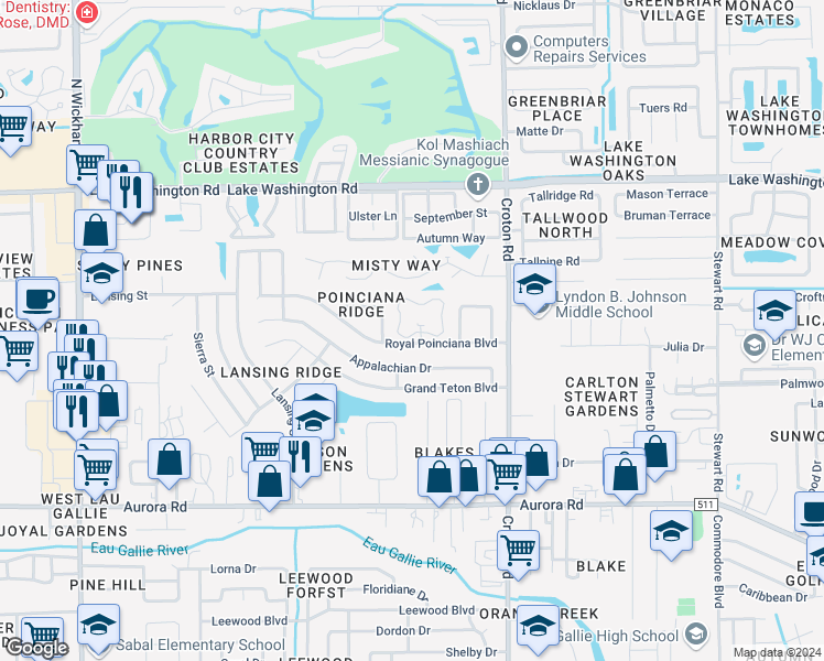 map of restaurants, bars, coffee shops, grocery stores, and more near 2204 Flower Tree Circle in Melbourne