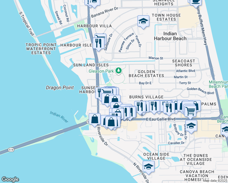 map of restaurants, bars, coffee shops, grocery stores, and more near 406 Parkside Place in Satellite Beach